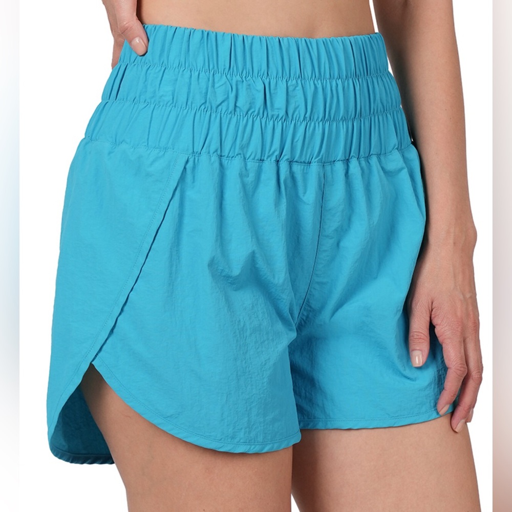 NWOT Zenana Smocked High Waist Shorts in Caribbean Blue Size Small
